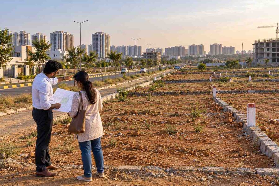 Couple reviewing a plot layout on open land in Tellapur with high-rises near the ORR behind