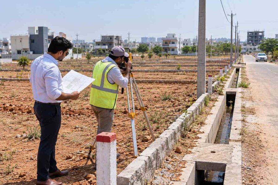 Buyer and surveyor checking plot boundaries on site during land due diligence near Hyderabad ORR