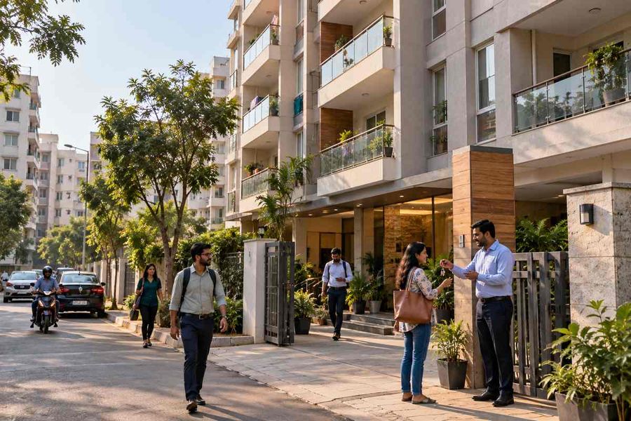 Buyers being shown an apartment complex by an agent, weighing flat appreciation against land