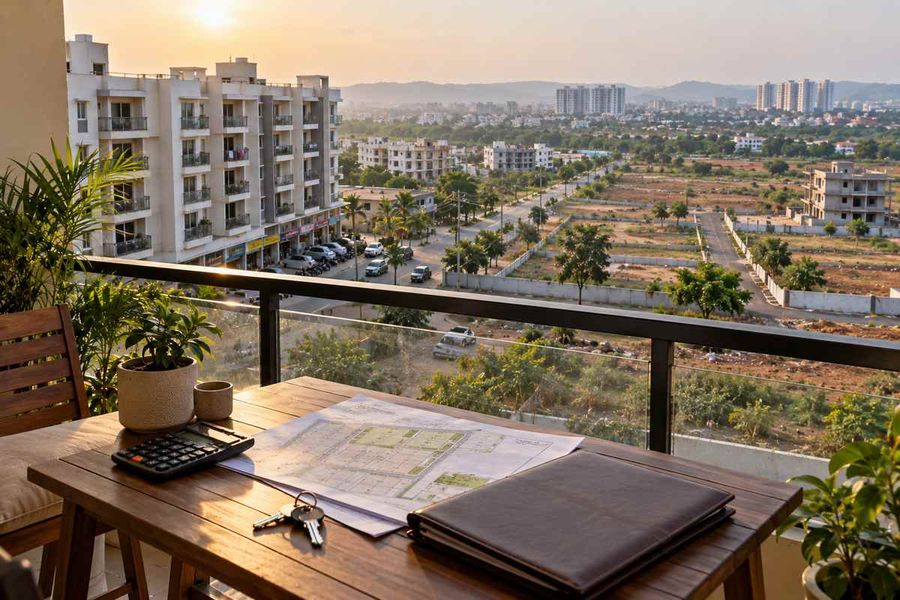 Balcony desk with property papers overlooking plots and apartments, choosing the best real estate investment