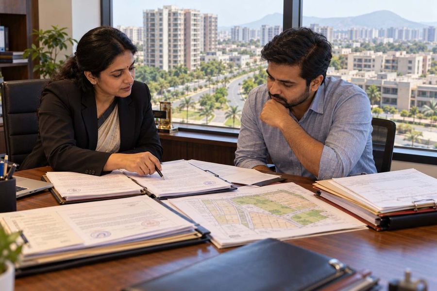 Lawyer and buyer reviewing lease deeds and land records at an office desk with a city skyline view