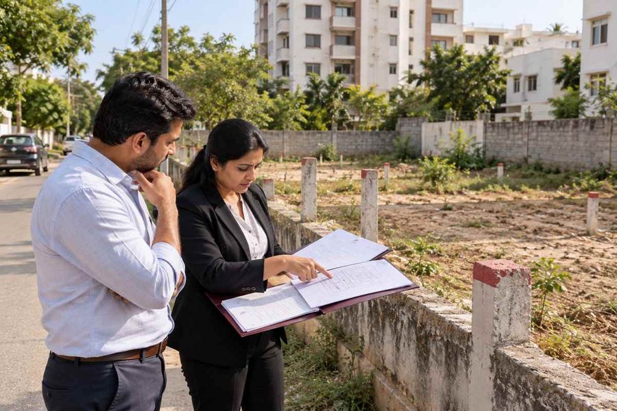Buyer and advisor checking documents beside a fenced vacant plot before choosing leasehold or freehold