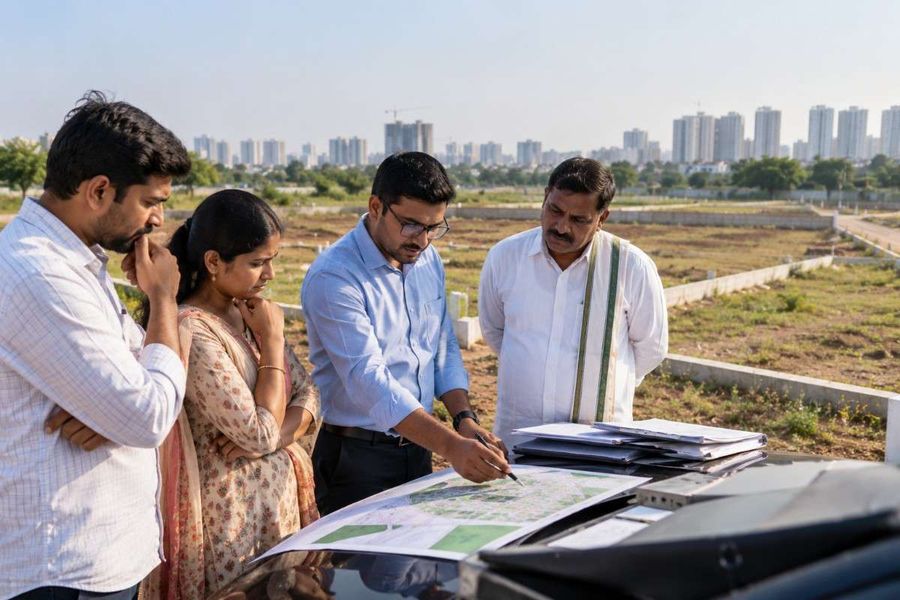 Property buyers reviewing a development plan with a local land expert at a plotted site, assessing land use, infrastructure and future development potential.