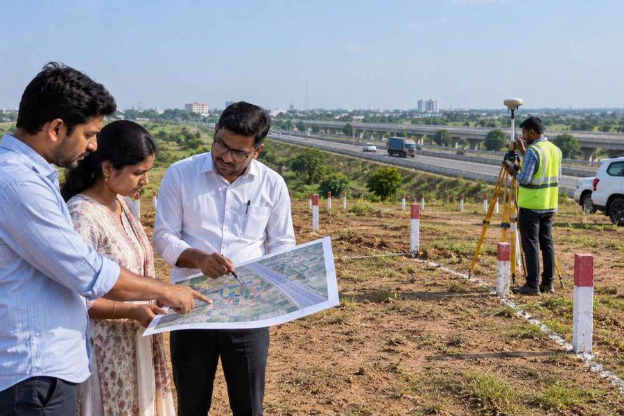 Property buyers reviewing a land development map while a professional surveyor measures a plotted site near a major highway.