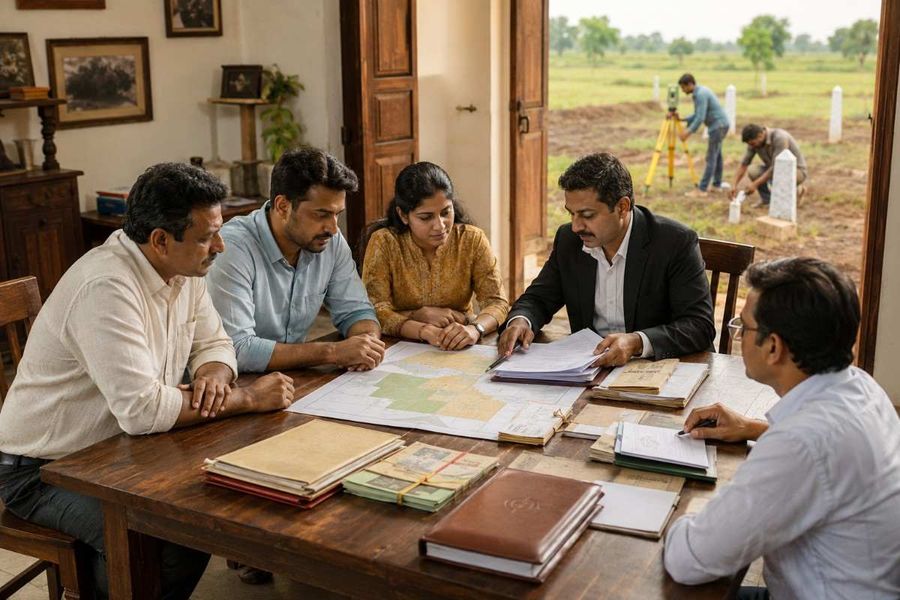 Indian family members and a legal advisor reviewing property maps and land documents at a table while a surveyor measures the property boundary outside.