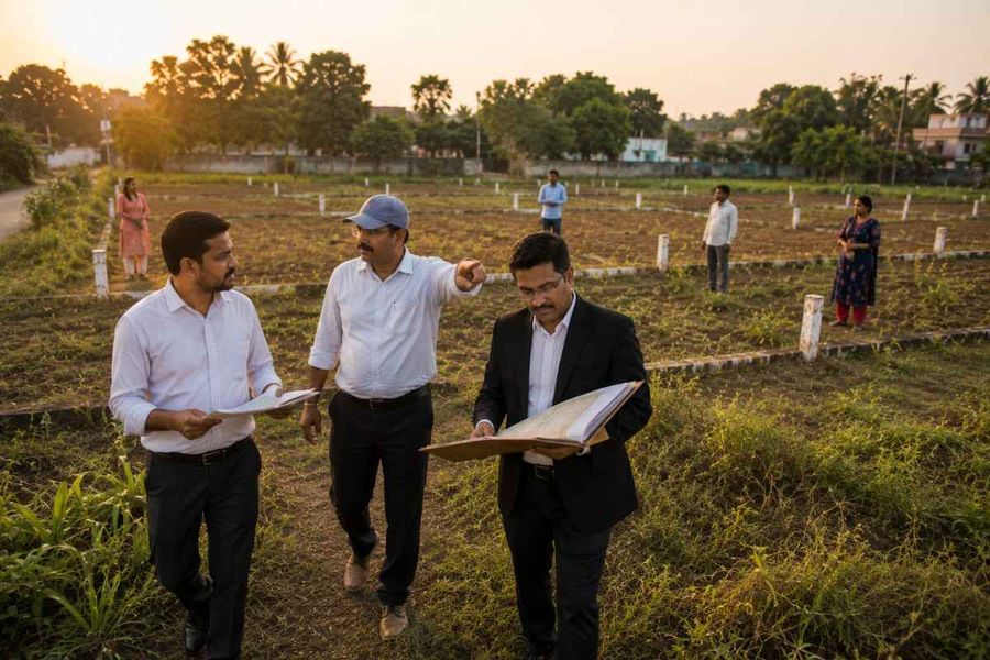 Indian family members and a legal advisor reviewing property records and land boundaries during a survey of agricultural property.