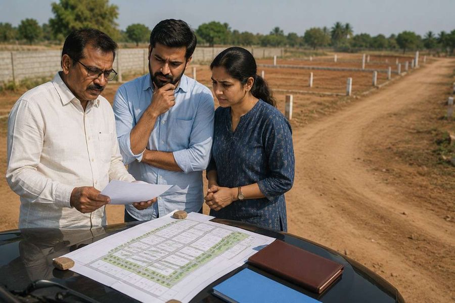 buyers-reviewing-land-layout-map-before-purchase