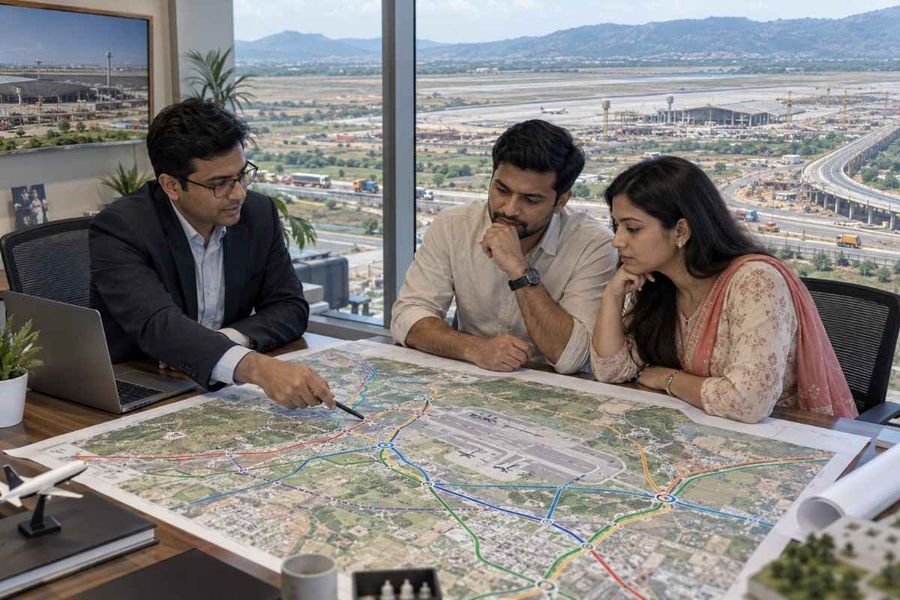 Indian couple reviewing an airport-area development map with a property advisor, showing planned roads, highways, and surrounding infrastructure near an expanding airport.