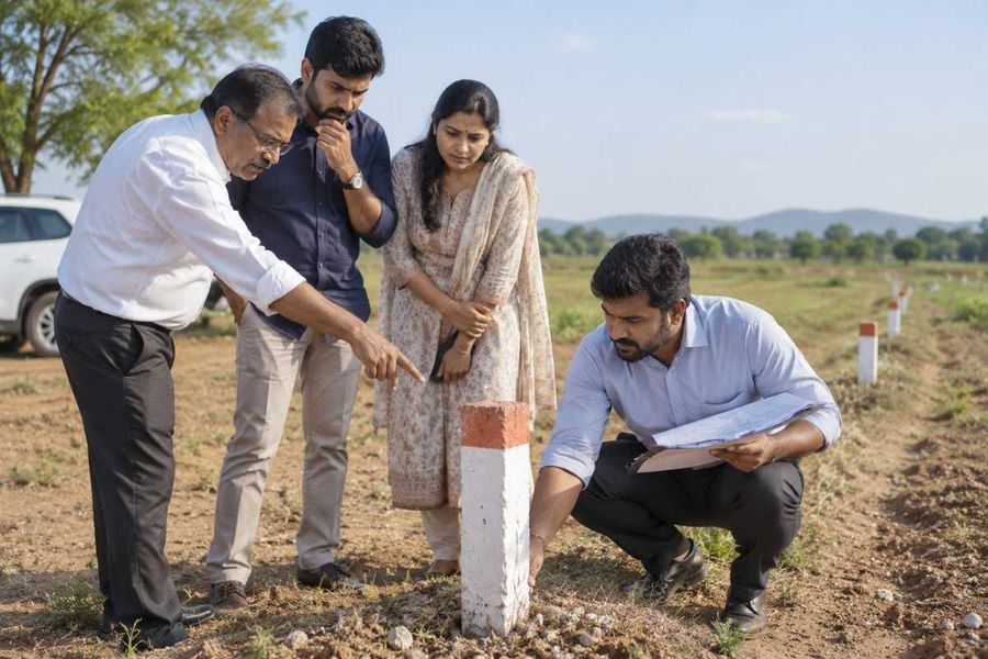 Property buyers and a surveyor inspecting a marked land boundary in a rural plot, checking survey documents and boundary markers before a property purchase.