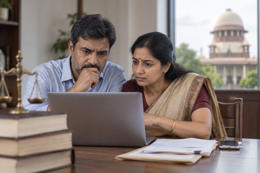 Indian couple reviewing property documents on a laptop with legal books in the background, representing a property law consultation.