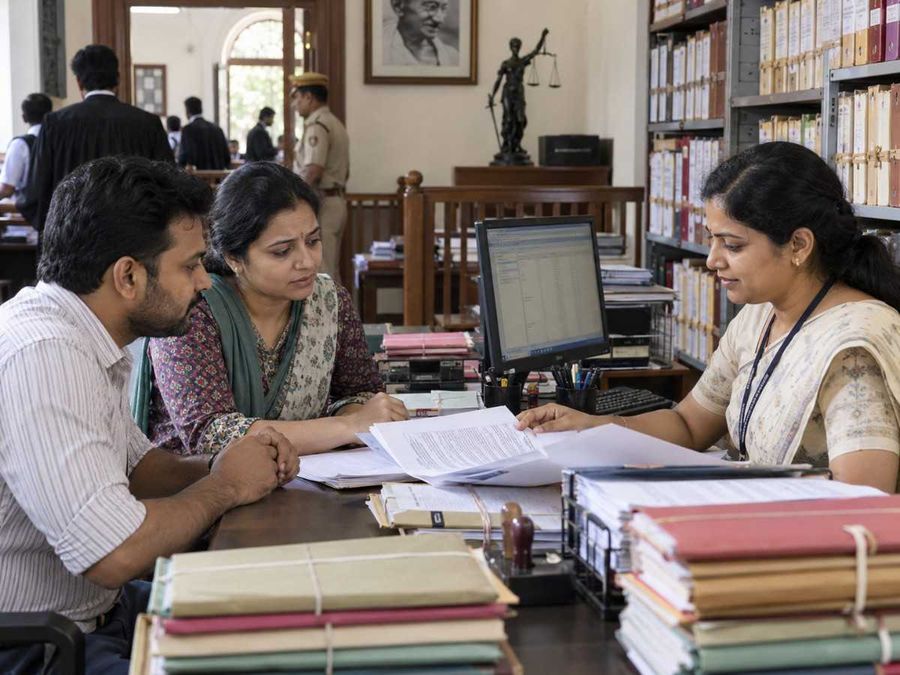 Indian couple consulting a government official about property documents and land records at a public records office.