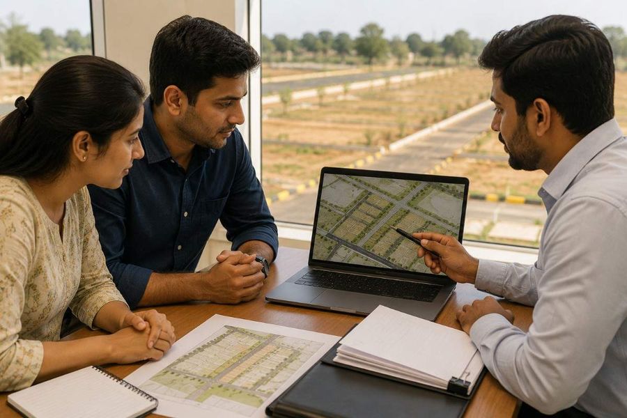 Indian-property-buyers-verifying-plotted-land-details-using-maps-and-digital-land-records.