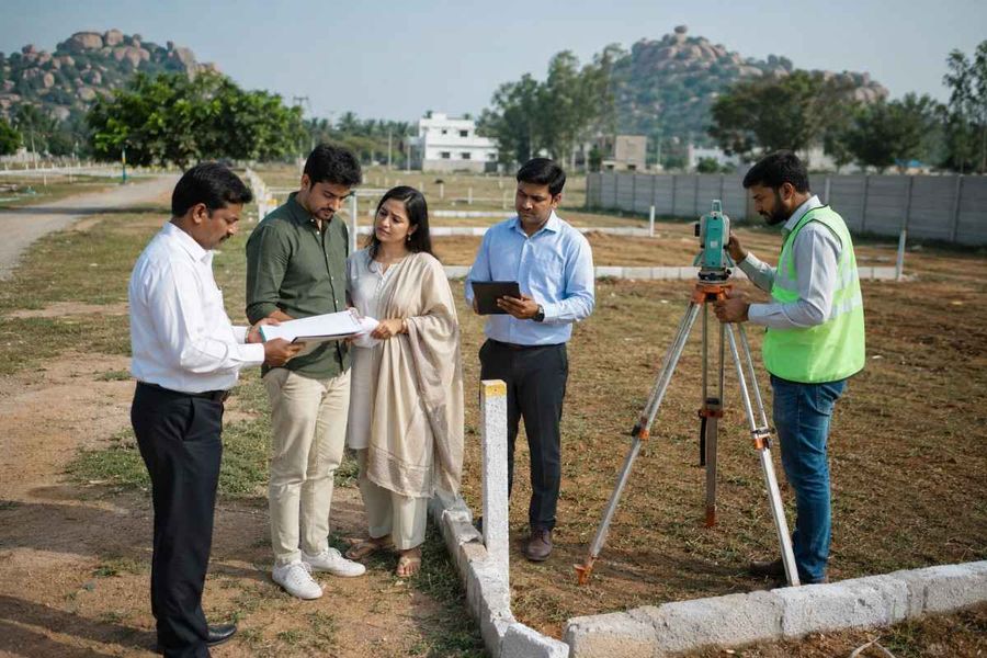Indian-land-buyers-inspecting-a-plotted-development-with-a-surveyor-and-property-documents.
