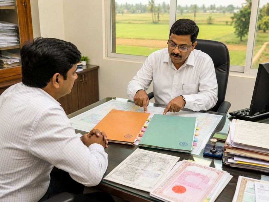Revenue official and landowner reviewing patta and land record folders with survey maps in office.