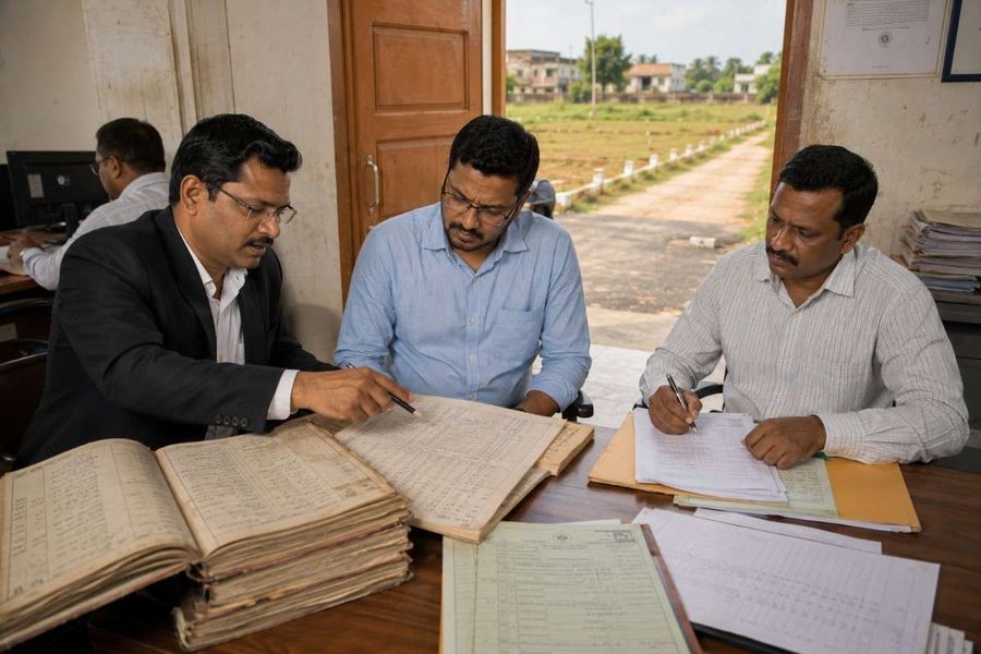 Indian family reviewing land records and inheritance documents with a legal advisor.