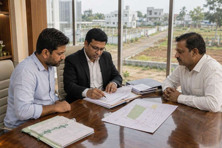 Indian family reviewing land inheritance documents and property plans with a legal advisor.