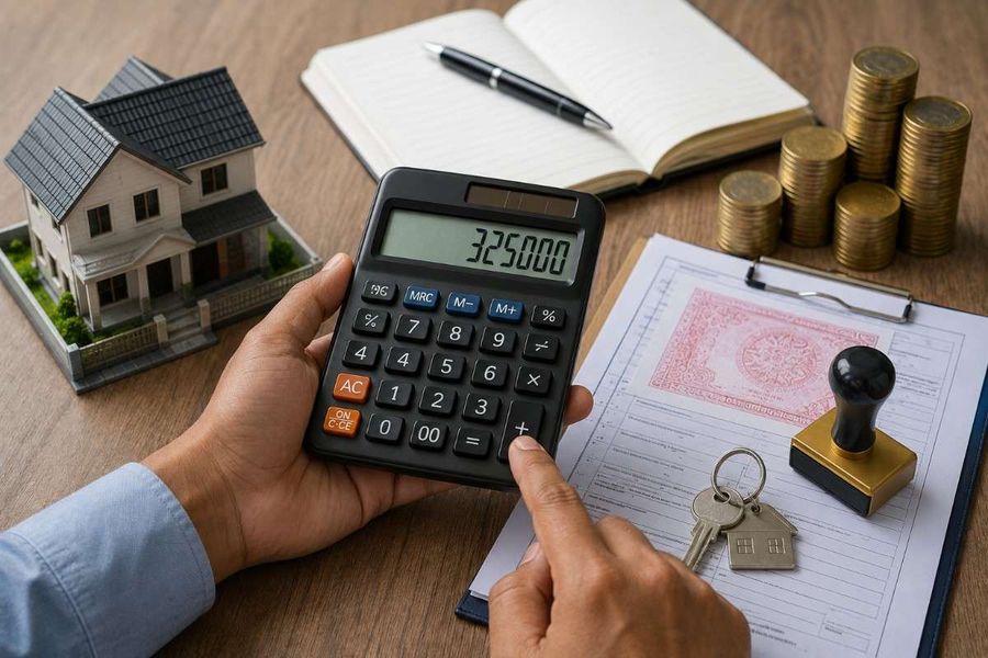 Calculator showing property registration costs beside a house model, stamp duty documents, property keys, and stacks of coins.