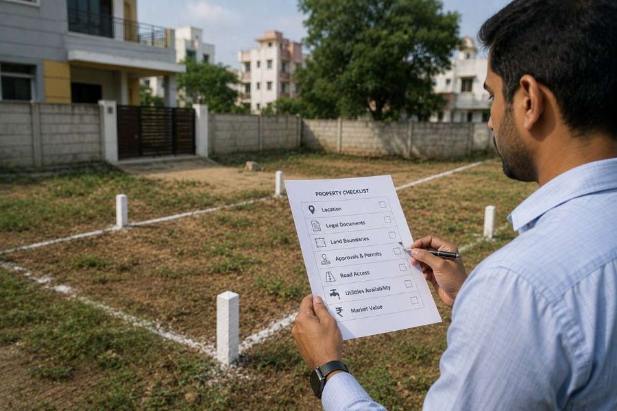 Property buyer inspecting a vacant residential plot with boundary markers while reviewing a checklist covering location, legal documents, land boundaries, approvals, road access, utilities, and market value.