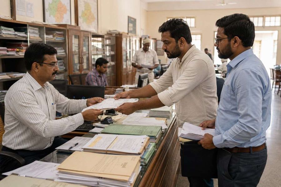 Buyers submitting sale deed documents at a sub-registrar office counter for registration.