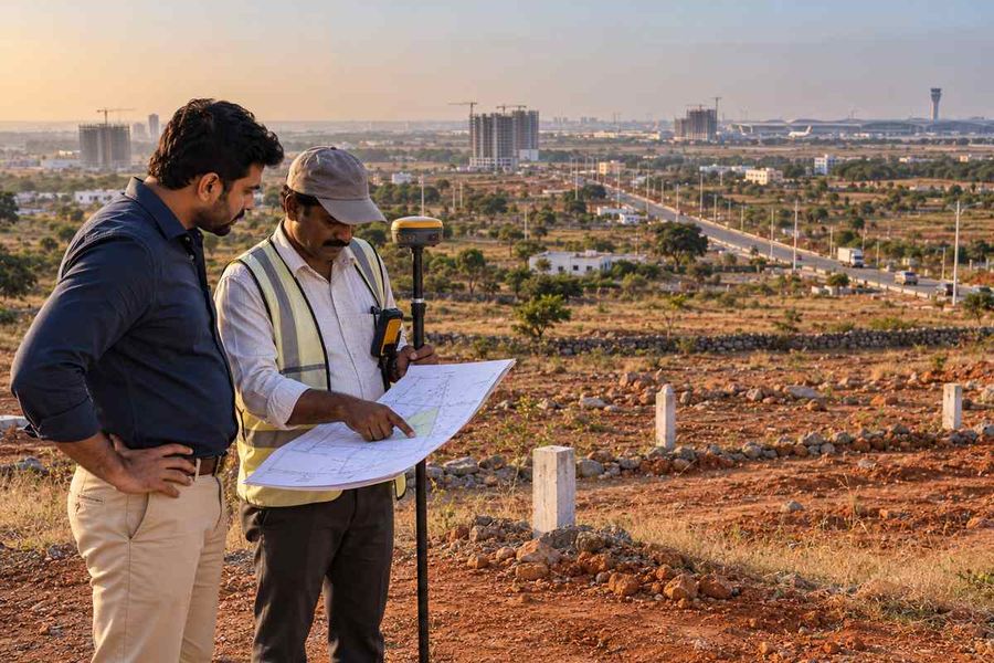 Surveyor showing a land plan to a buyer on a marked plot in Kokapet, Hyderabad
