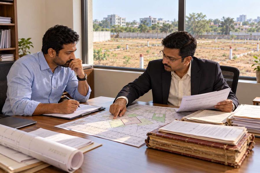 Buyer and advisor checking land records and maps to verify Telangana property market value