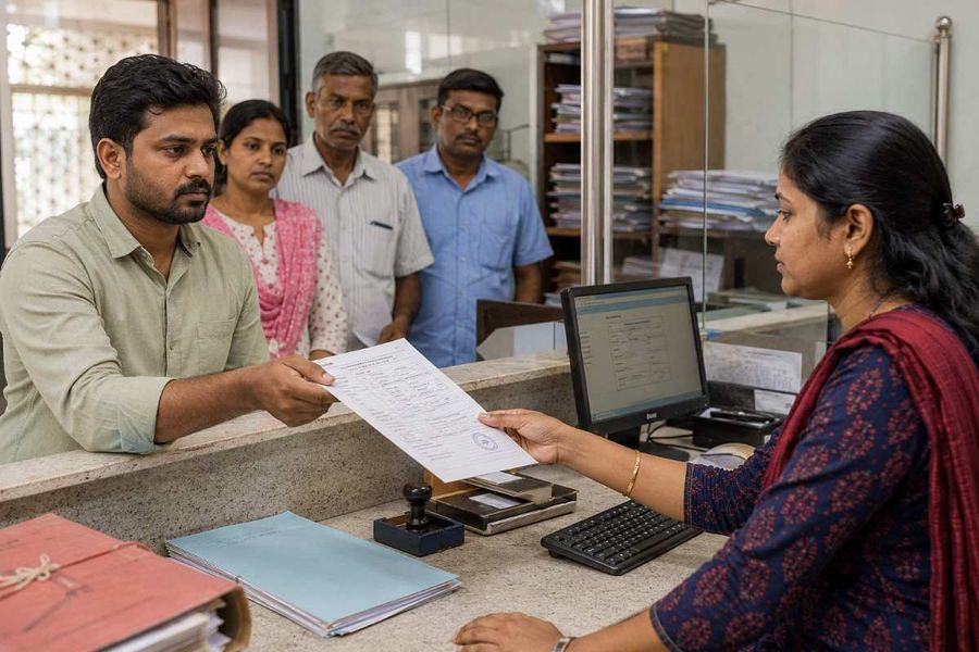 Indian property owner submitting land records to a government official for document verification at a public records office.