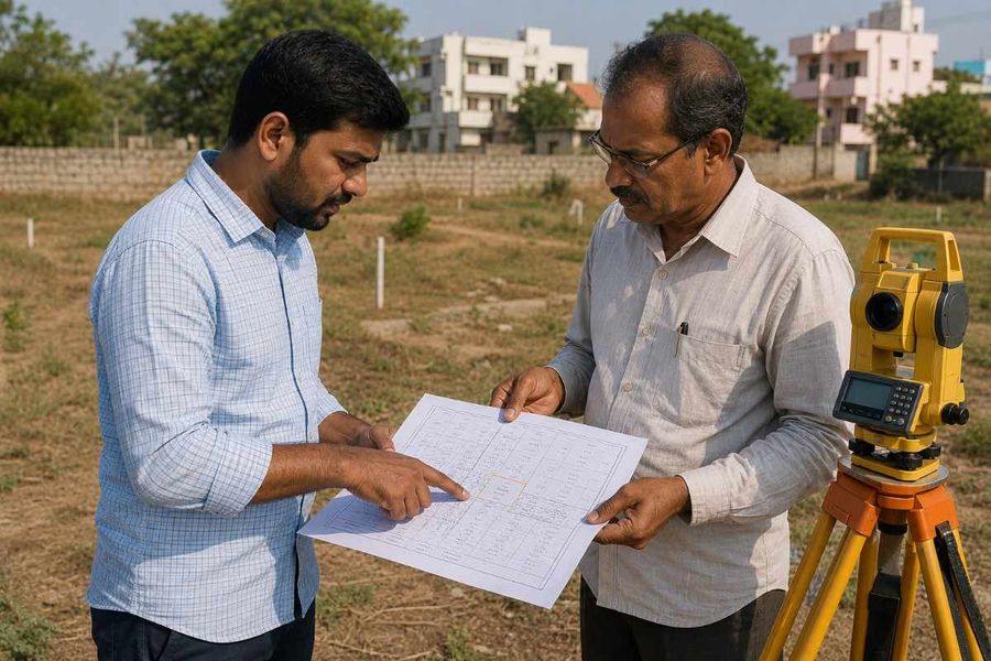 Indian landowner reviewing a property survey map with a surveyor beside a total station during land boundary verification.