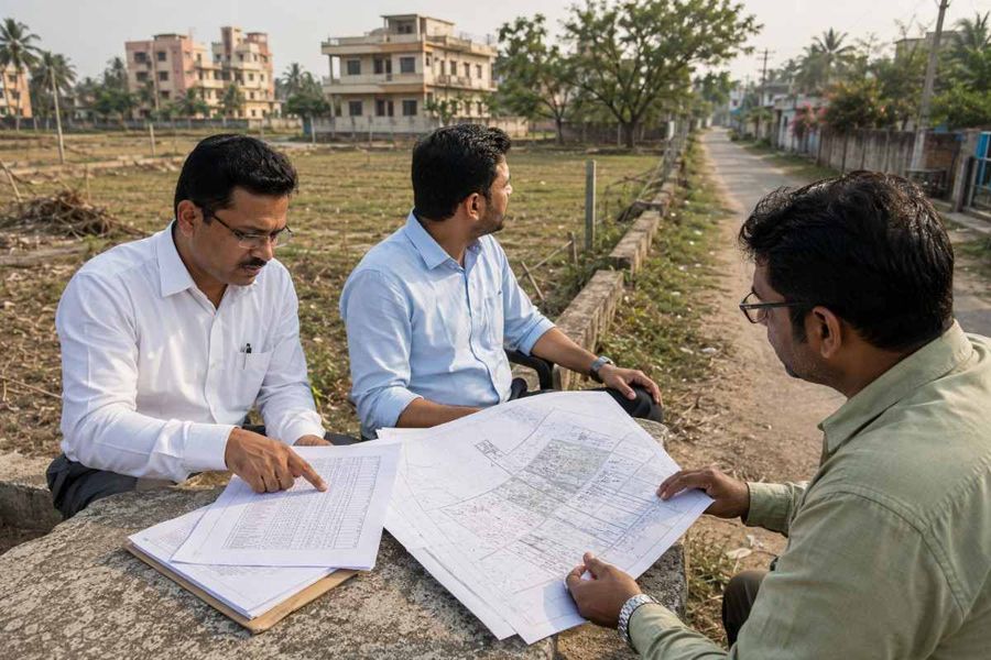 Three men reviewing a land map and property records beside a vacant plot in India.