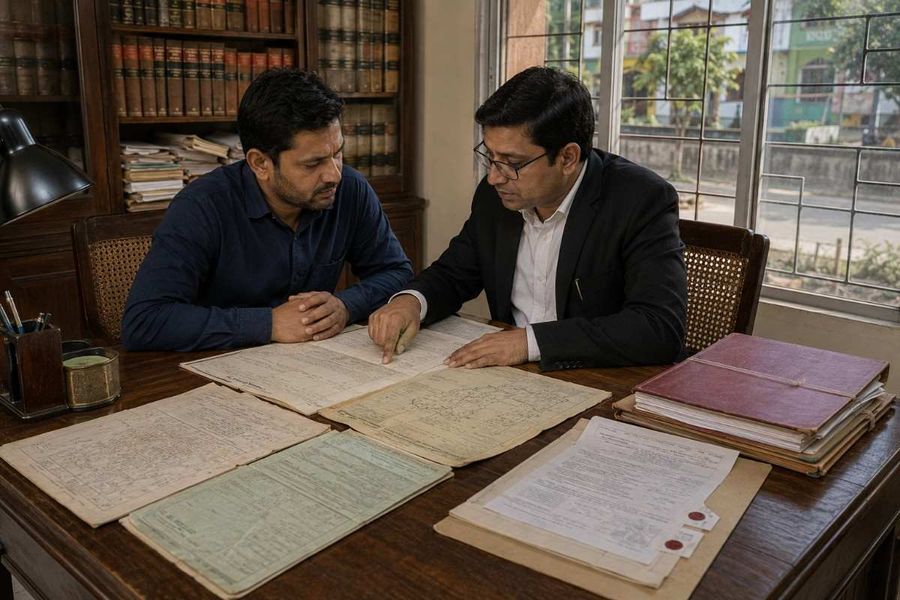 Two men reviewing historical property deeds and land records at a desk in a legal office.